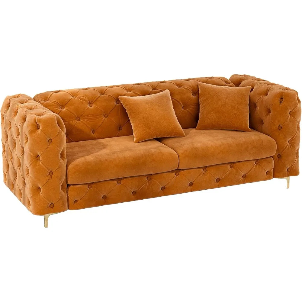 75" Sofa Couch Mid Century Modern Velvet Couch Tufted Button Sofa High Armrest & Metal Gold Legs Luxury Chesterfield Decor with