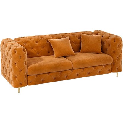 75" Sofa Couch Mid Century Modern Velvet Couch Tufted Button Sofa High Armrest & Metal Gold Legs Luxury Chesterfield Decor with