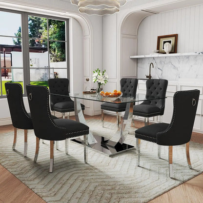 7-Piece Dining Room Set, 63" Gold Rectangular Glass Kitchen Table with 6 Beige High Back Chairs, Modern Glass Dining Table Set f