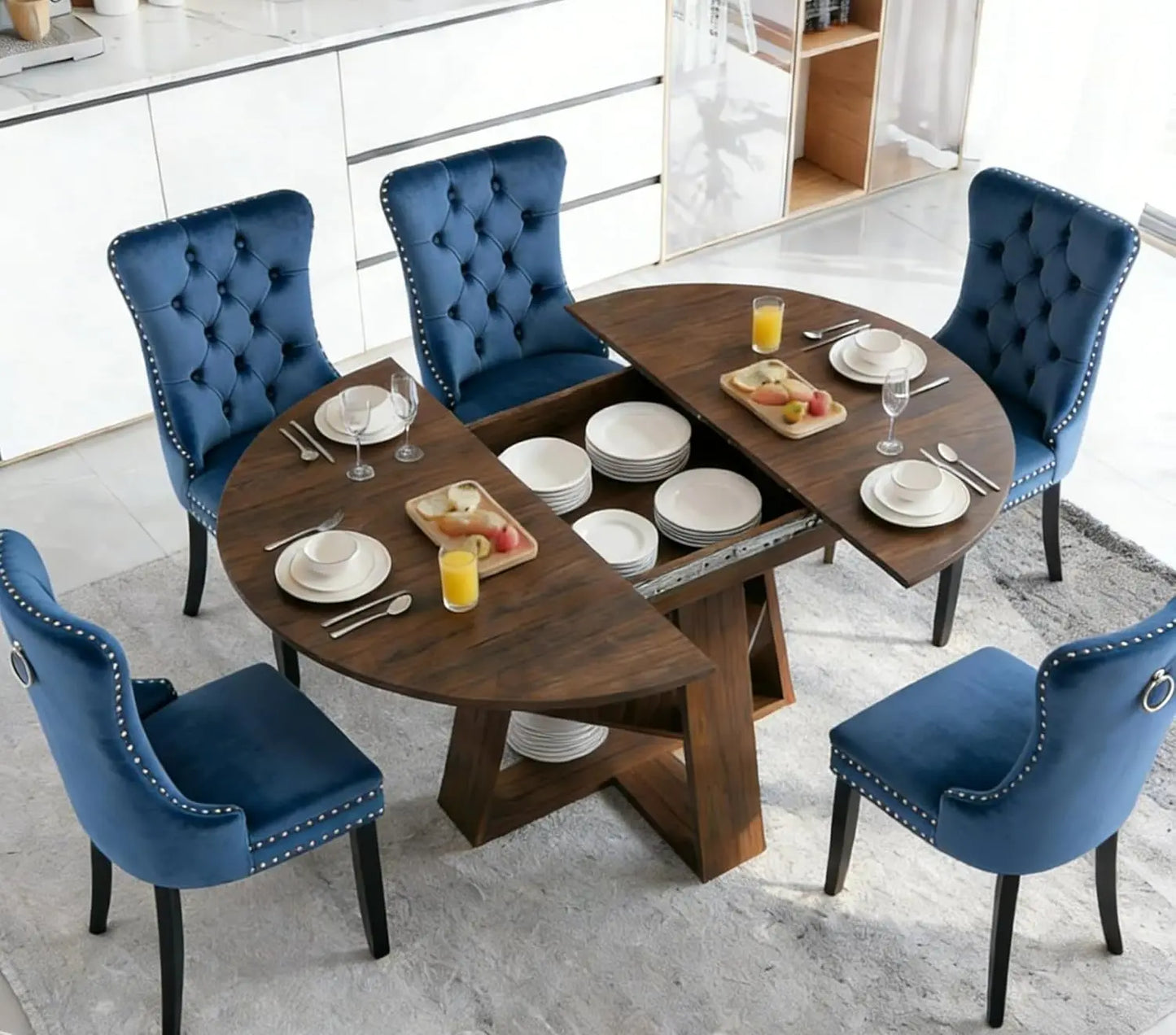 7 Piece Oval Extendable Dining Table Set for 6, 43"-59" Walnut Wood Expanding Kitchen Table with 6 Velvet Tufted, Customized