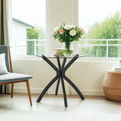 Small Glass Dining Table for 2-4 People,31.5-Inch Round Coffee Table with Solid Wood Legs, Mid-Century Modern Kitchen,Customized