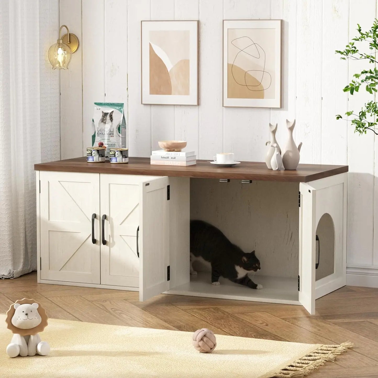 Litter Box Enclosure for 2 Cats, Farmhouse Hidden Litter Box Furniture with Barn Doors, Large Double Room Cat House for Living