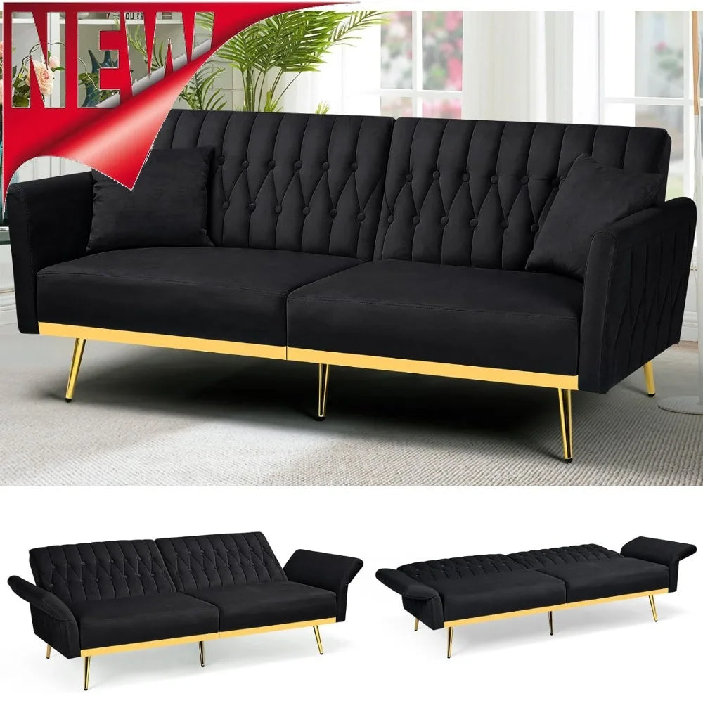 The New-70” Velvet Futon Sofa Bed With 2 Pillows And Adjustable Armrests, Convertible Sleeper Bed W/Adjustable Backrests
