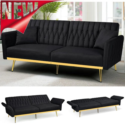 The New-70” Velvet Futon Sofa Bed With 2 Pillows And Adjustable Armrests, Convertible Sleeper Bed W/Adjustable Backrests