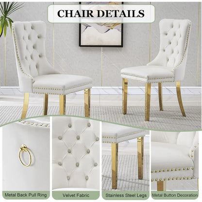 7-Piece Dining Room Set, 63" Gold Rectangular Glass Kitchen Table with 6 Beige High Back Chairs, Modern Glass Dining Table Set f