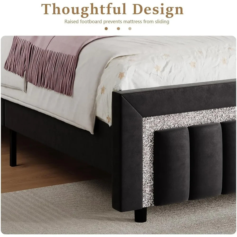 Frame, Upholstered Bed with Diamond Headboard and Footboard, Black Queen Bed Frame with Velvet Vertical Channel