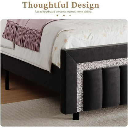 Frame, Upholstered Bed with Diamond Headboard and Footboard, Black Queen Bed Frame with Velvet Vertical Channel