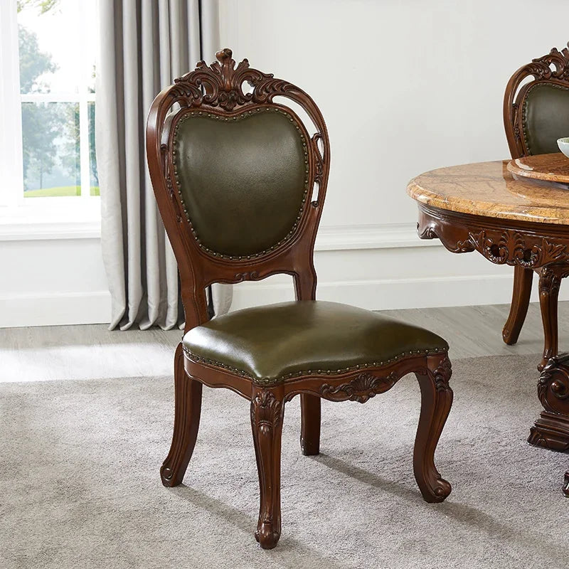 A European natural marble dining table full solid wood round table carved American villa large apartment restaurant combination