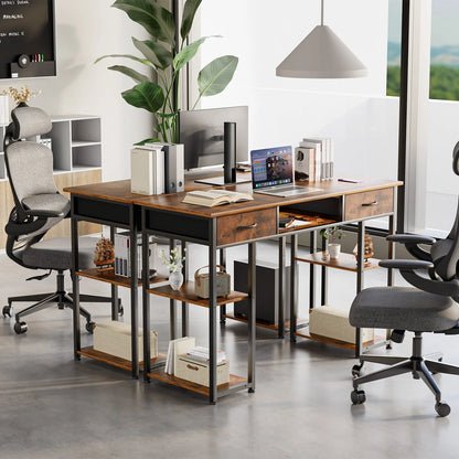 JHK 48 Inch Double Deck Shelving Office Computer Desk with Pull-out Fabric Storage Drawers Metal Frame Adjustable Feet Table ﻿