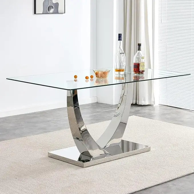 Glass Dining Table for 6 People, 62.8" Modern Kitchen Dining Room Table with Rectangular Tempered Glass Tabletop and U-Shape Ped