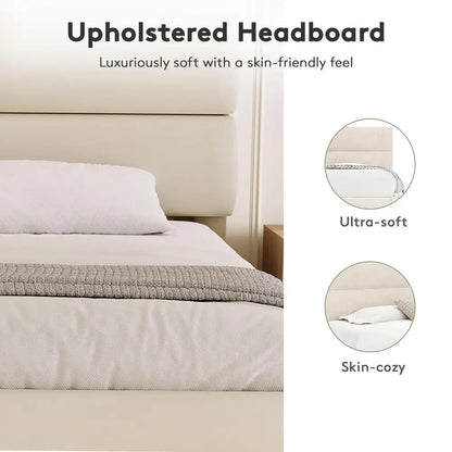Queen Size Platform Bed Frame with Velvet Headboard, Adjustable Height Wooden Slats Support, Upholstered Mattress Foundation, F
