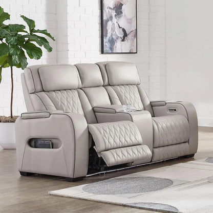 Modern Power Reclining Loveseat with Leather Match, USB Ports and LED Lighting