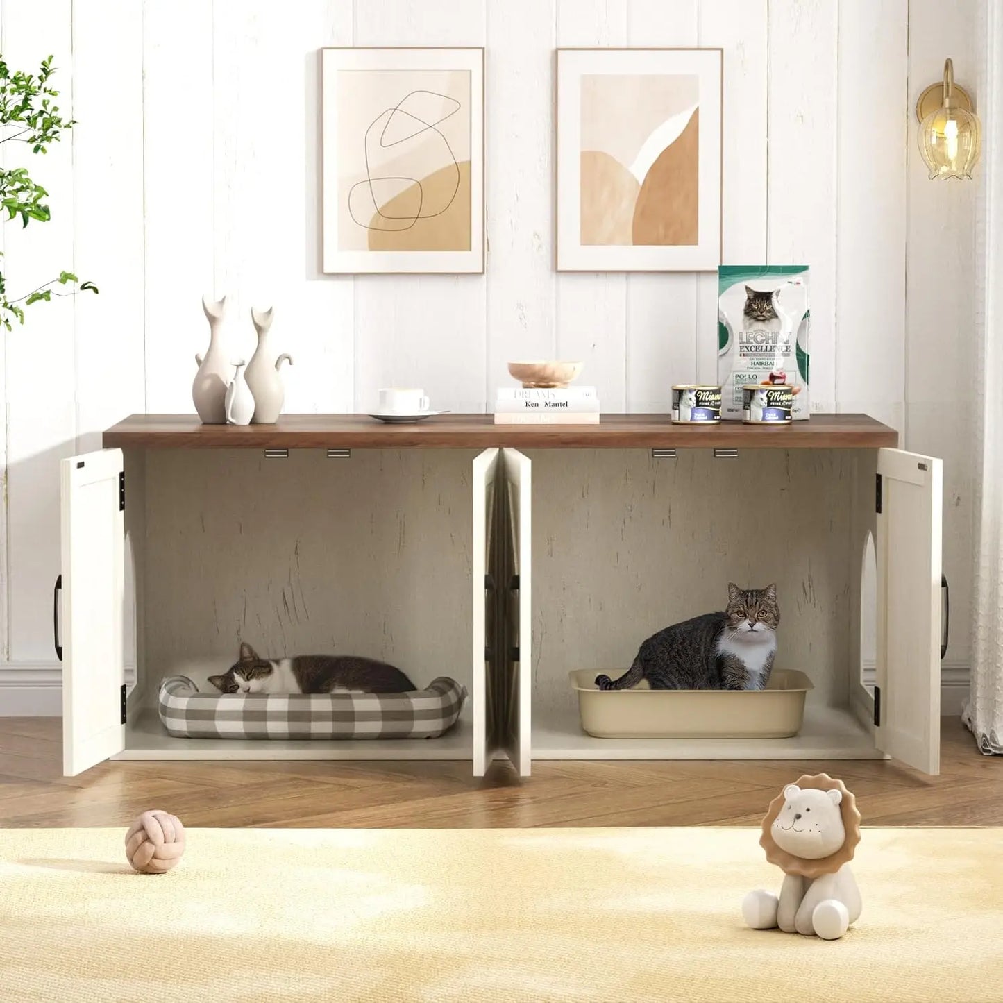Litter Box Enclosure for 2 Cats, Farmhouse Hidden Litter Box Furniture with Barn Doors, Large Double Room Cat House for Living
