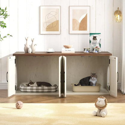 Litter Box Enclosure for 2 Cats, Farmhouse Hidden Litter Box Furniture with Barn Doors, Large Double Room Cat House for Living