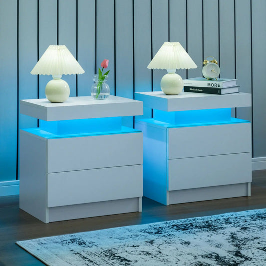 Cubehom Nightstand Set of 2 LED Nightstand with 2 Drawers,Night Stand  with LED Light,Bedside Table with Drawers for Bedroom