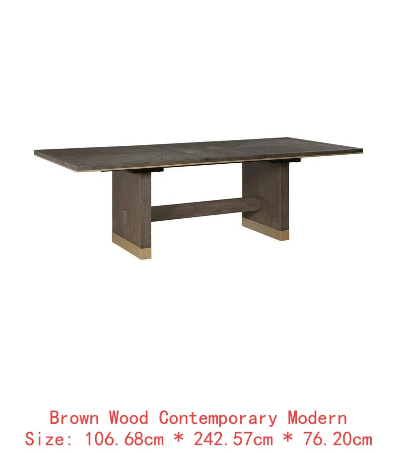 Modern Luxury Brown Finish 7-Piece Dining Set with Extension Table and 6 Armchairs, Upholstered in Gold Tipping for Stylish