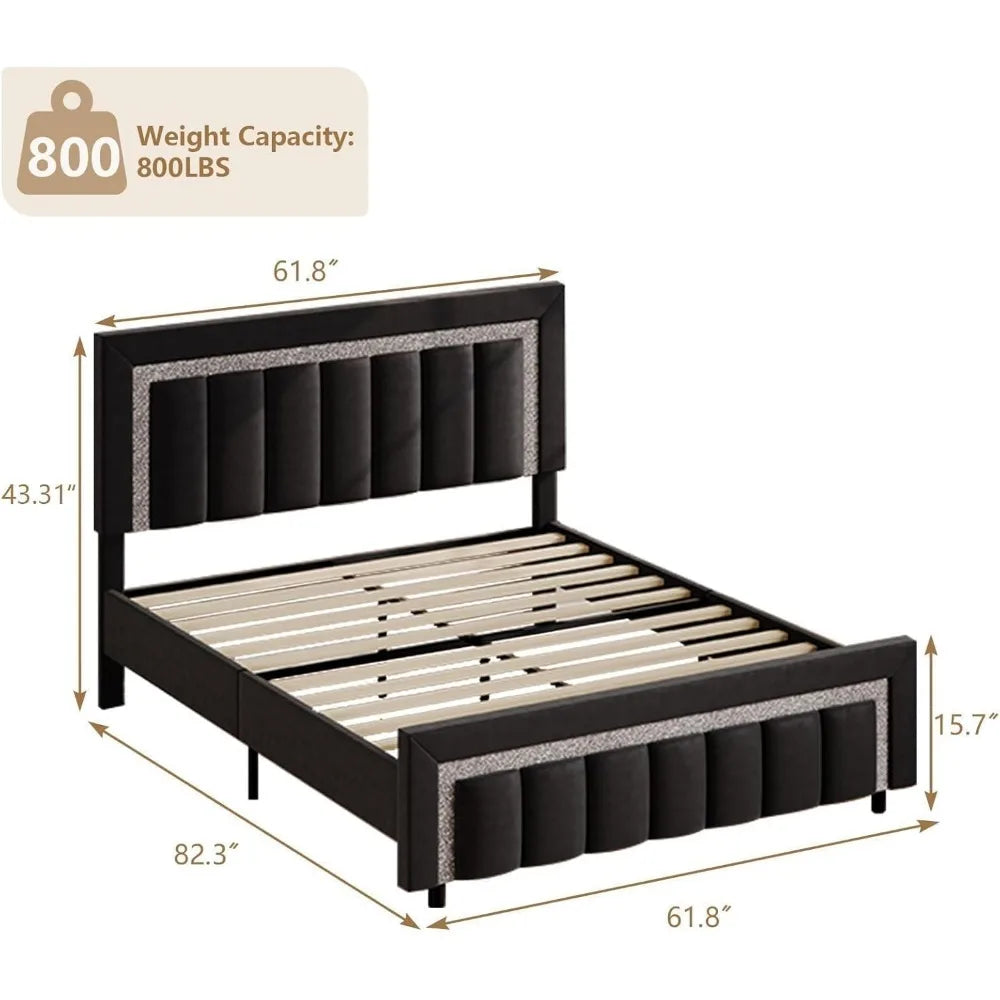 Frame, Upholstered Bed with Diamond Headboard and Footboard, Black Queen Bed Frame with Velvet Vertical Channel
