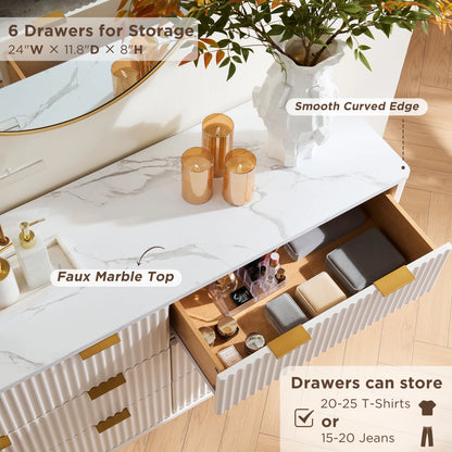 Redlemon Fluted 6 Drawers Dresser, 54" Wide Modern Chest of Drawers with Faux Marble Top