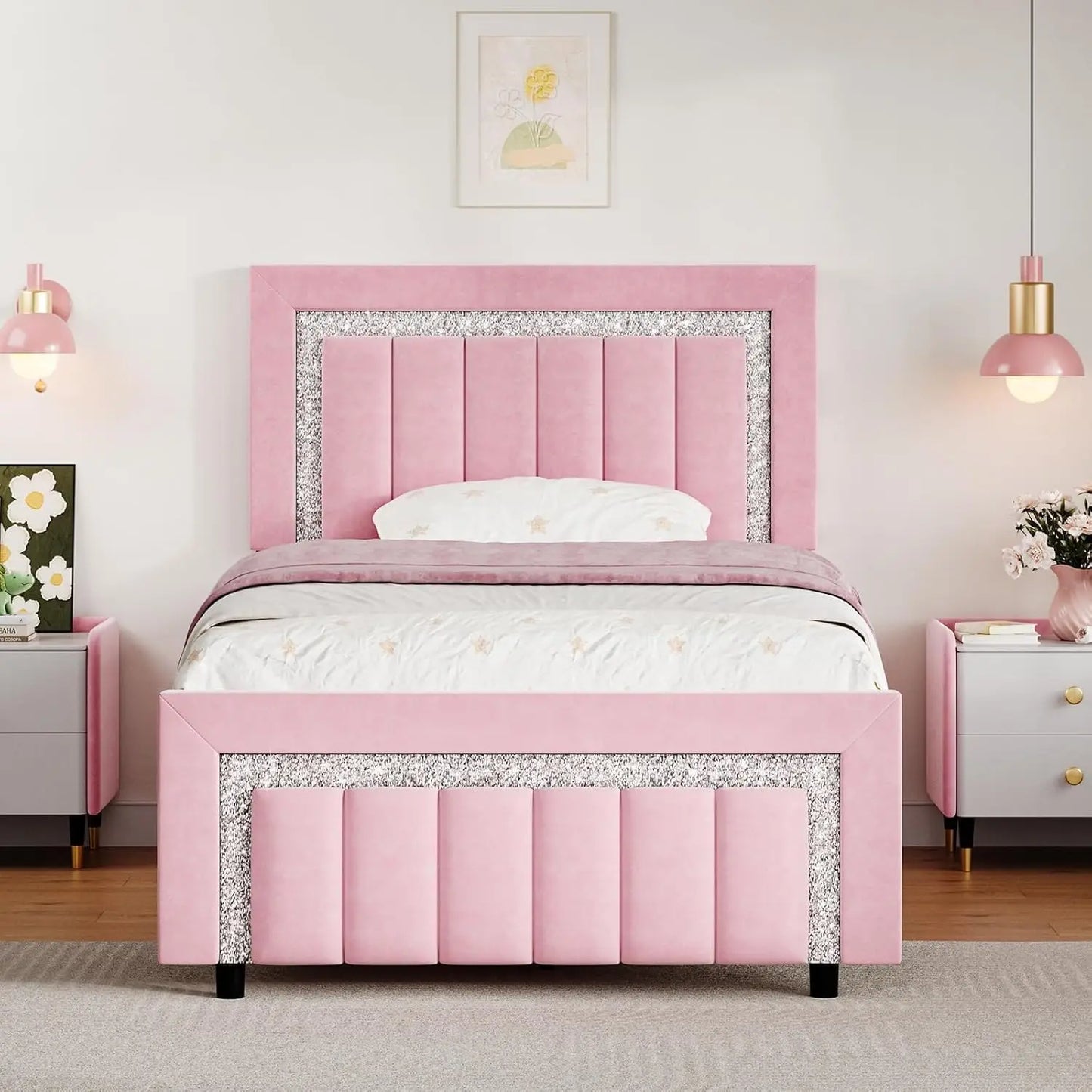 Frame, Upholstered Bed with Diamond Headboard and Footboard, Black Queen Bed Frame with Velvet Vertical Channel