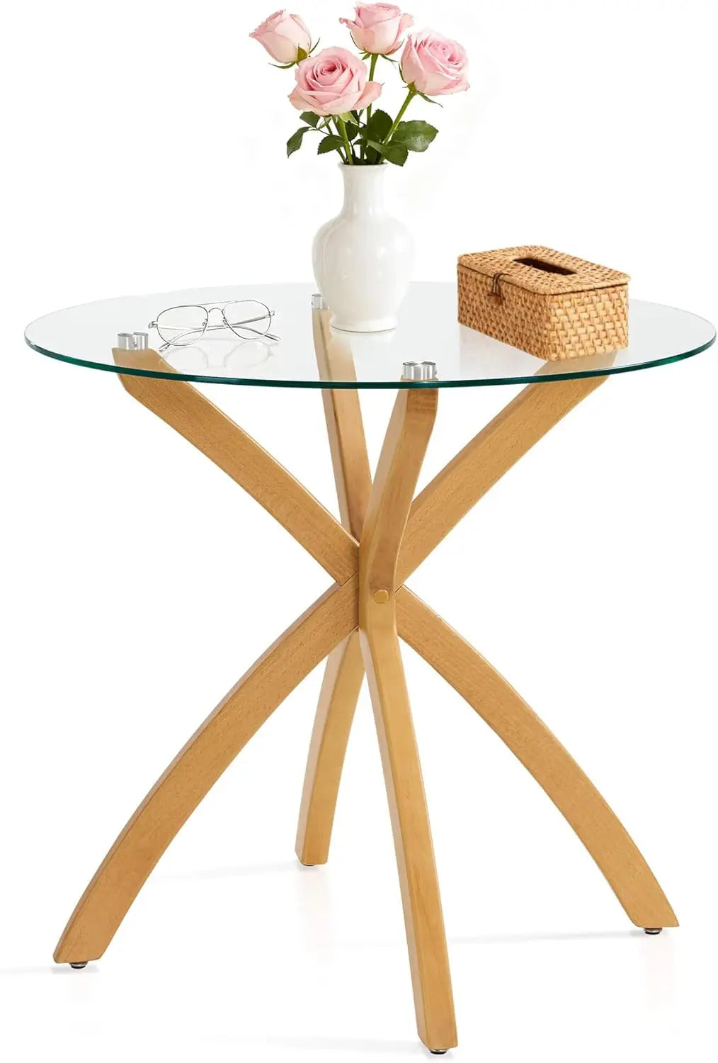 Small Glass Dining Table for 2-4 People,31.5-Inch Round Coffee Table with Solid Wood Legs, Mid-Century Modern Kitchen,Customized