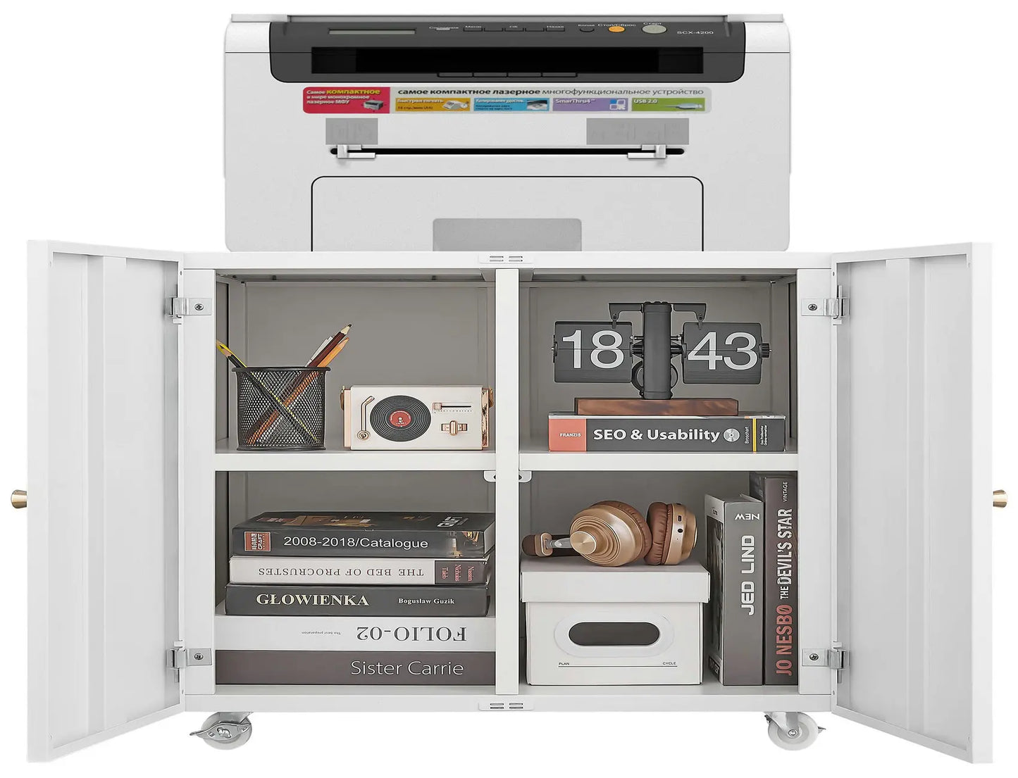 Home Office Printer Stand with Wheels, Printer Tables with File door Mobile Lateral Filing Cabinet with Open Storage Shelf for L