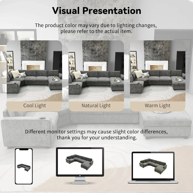 Modern U-Shaped Cloud Couch Set, 6-Seat Chenille Sectional Sleeper Sofa with Cup Holders & Chaise