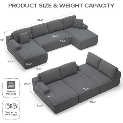 126.2'' modular sectional sofa, convertible u shaped cloud couch with memory foam, corduroy boneless sectional couches for livi