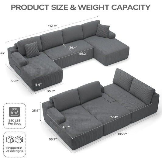 126.2'' modular sectional sofa, convertible u shaped cloud couch with memory foam, corduroy boneless sectional couches for livi