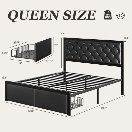 Frame with 2 Storage Drawers, Upholstered Headboard Button Tufted Bed Frame with Charging Station, No Box Spring Neede