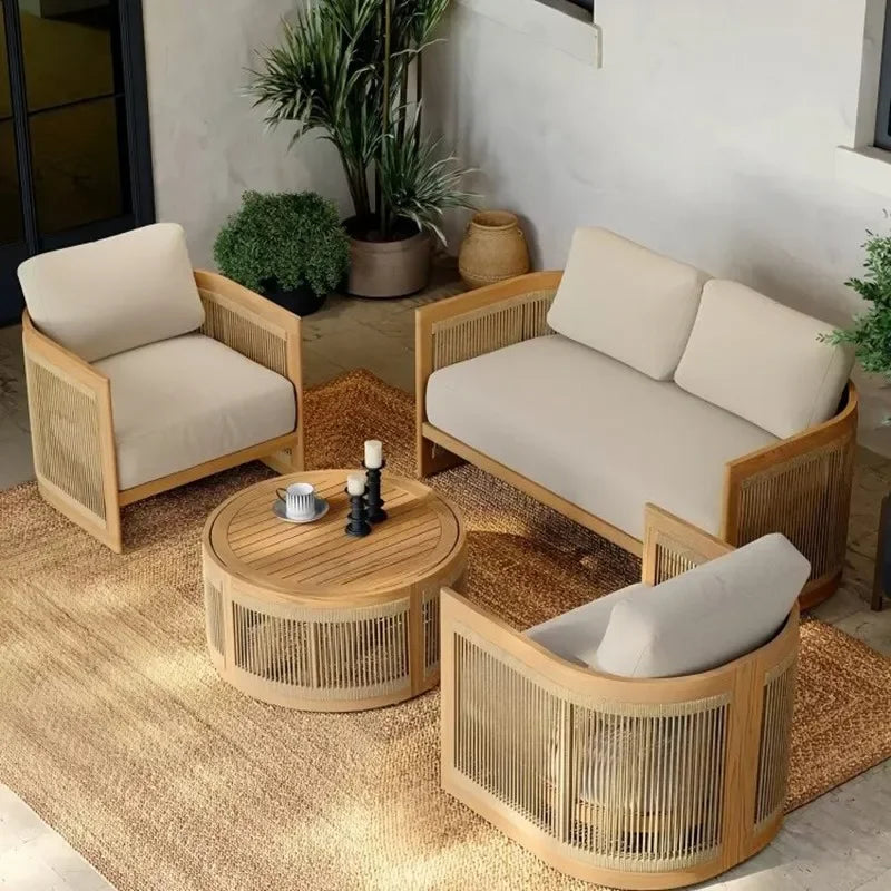 Nordic Style Outdoor Teak Woven Sofa Set Weather-Resistant Comfortable for Patios And Gardens