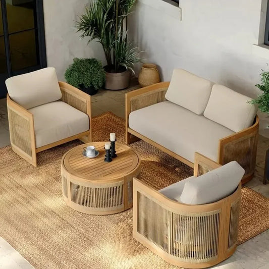 Nordic Style Outdoor Teak Woven Sofa Set Weather-Resistant Comfortable for Patios And Gardens