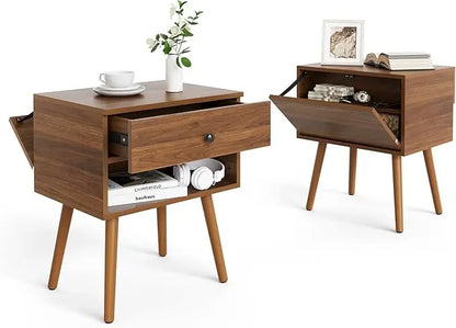 Hidden Compartment Nightstands, Mid Century Modern Concealment Furniture, Bedside Table with Wood Legs, End Table with Storage
