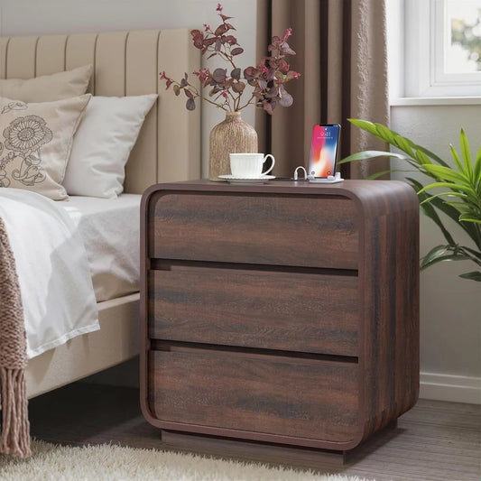 Walnut Curved Nightstand Set of 2, 23.2" Wide Wood Bedside Table with Charging Station, 3 Storage Drawers Night Stand