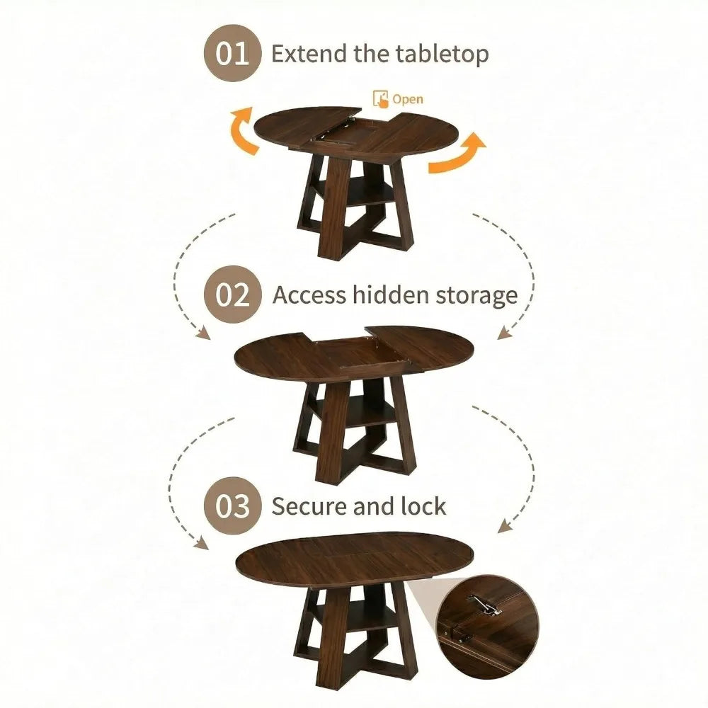 7 Piece Oval Extendable Dining Table Set for 6, 43"-59" Walnut Wood Expanding Kitchen Table with 6 Velvet Tufted, Customized
