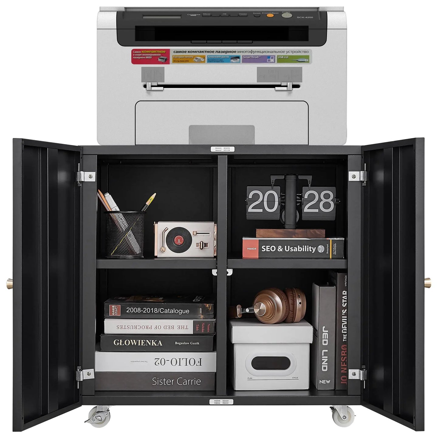 Home Office Printer Stand with Wheels, Printer Tables with File door Mobile Lateral Filing Cabinet with Open Storage Shelf for L