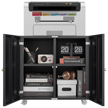 Home Office Printer Stand with Wheels, Printer Tables with File door Mobile Lateral Filing Cabinet with Open Storage Shelf for L