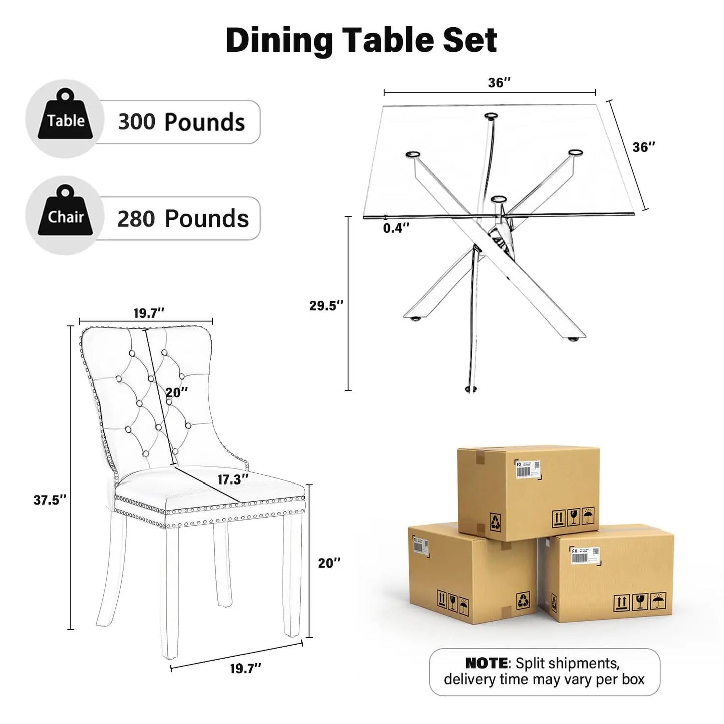 5pc Glass Dining Set Modern Minimalist Square Table & 4 Tufted Chairs 36in Grey for Small Space, Customized