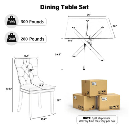 5pc Glass Dining Set Modern Minimalist Square Table & 4 Tufted Chairs 36in Grey for Small Space, Customized