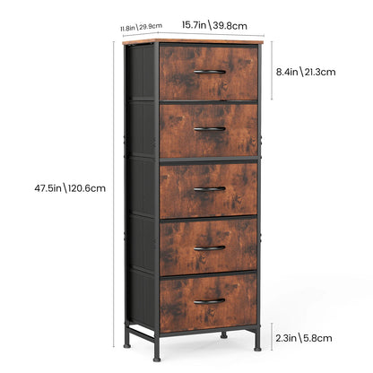 JHK 48IN Dresser For Bedroom With 5 Fabric Drawers Nightstand Wardrobe Steel Frame Closet For Clothes Storage Cabinet Furniture