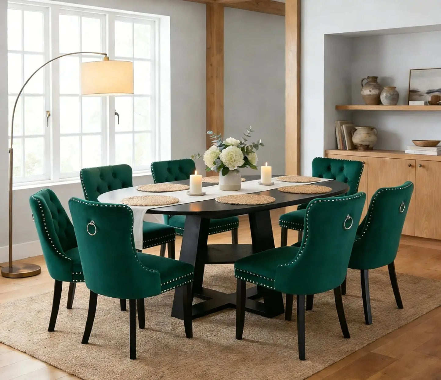 7 Piece Oval Extendable Dining Table Set for 6, 43"-59" Walnut Wood Expanding Kitchen Table with 6 Velvet Tufted, Customized