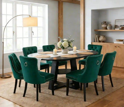 7 Piece Oval Extendable Dining Table Set for 6, 43"-59" Walnut Wood Expanding Kitchen Table with 6 Velvet Tufted, Customized