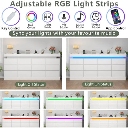 12 Drawer Dresser with Power Outlet, Dresser with LED Light, Modern Chest of Drawers for Closet, Double Wide Drawer Organizer Ca