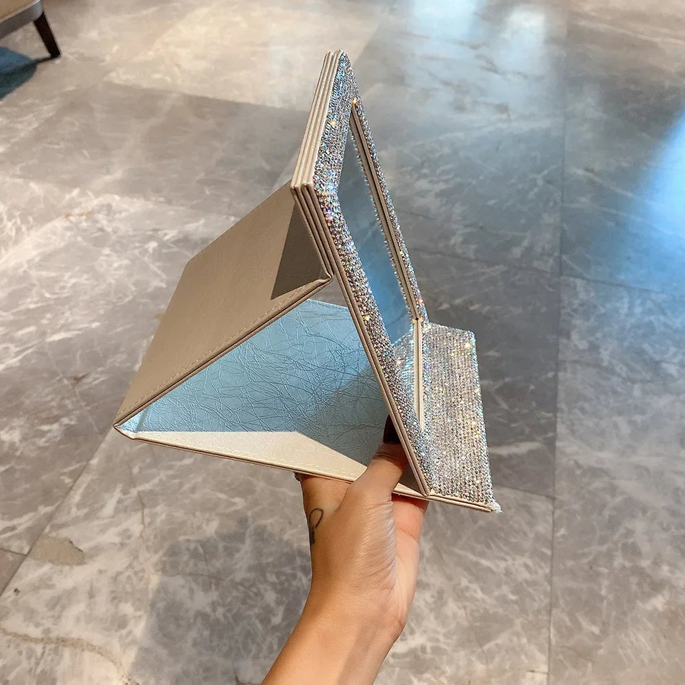 Sparkling Rhinestone Foldable Mirror Rectangle Makeup Mirror Portable Dormitory Desktop Dressing Mirror Bedroom Crystal Mirrors