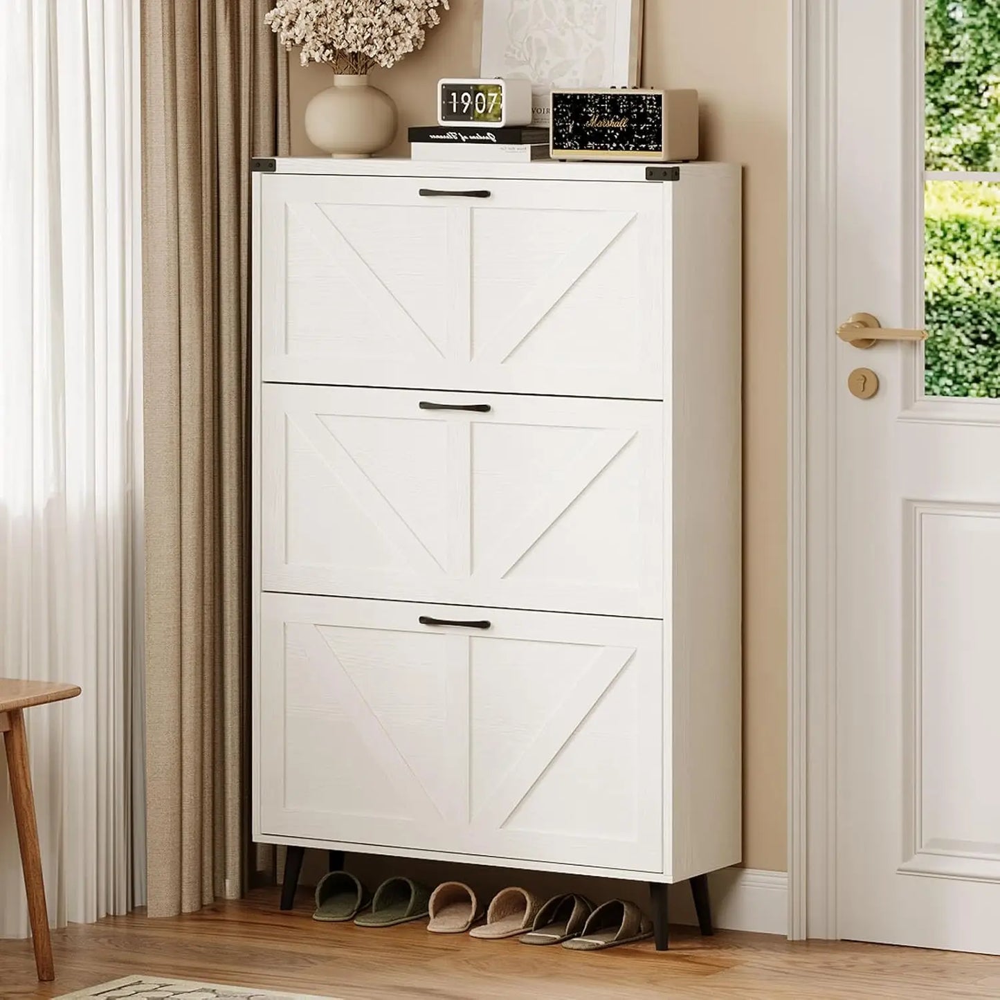 Vabches Shoe Storage Cabinet wtih 3 Flip Drawers Freestanding Shoe Cabinet with Wood Legs Slim Shoe Rack Organizer for Entryway