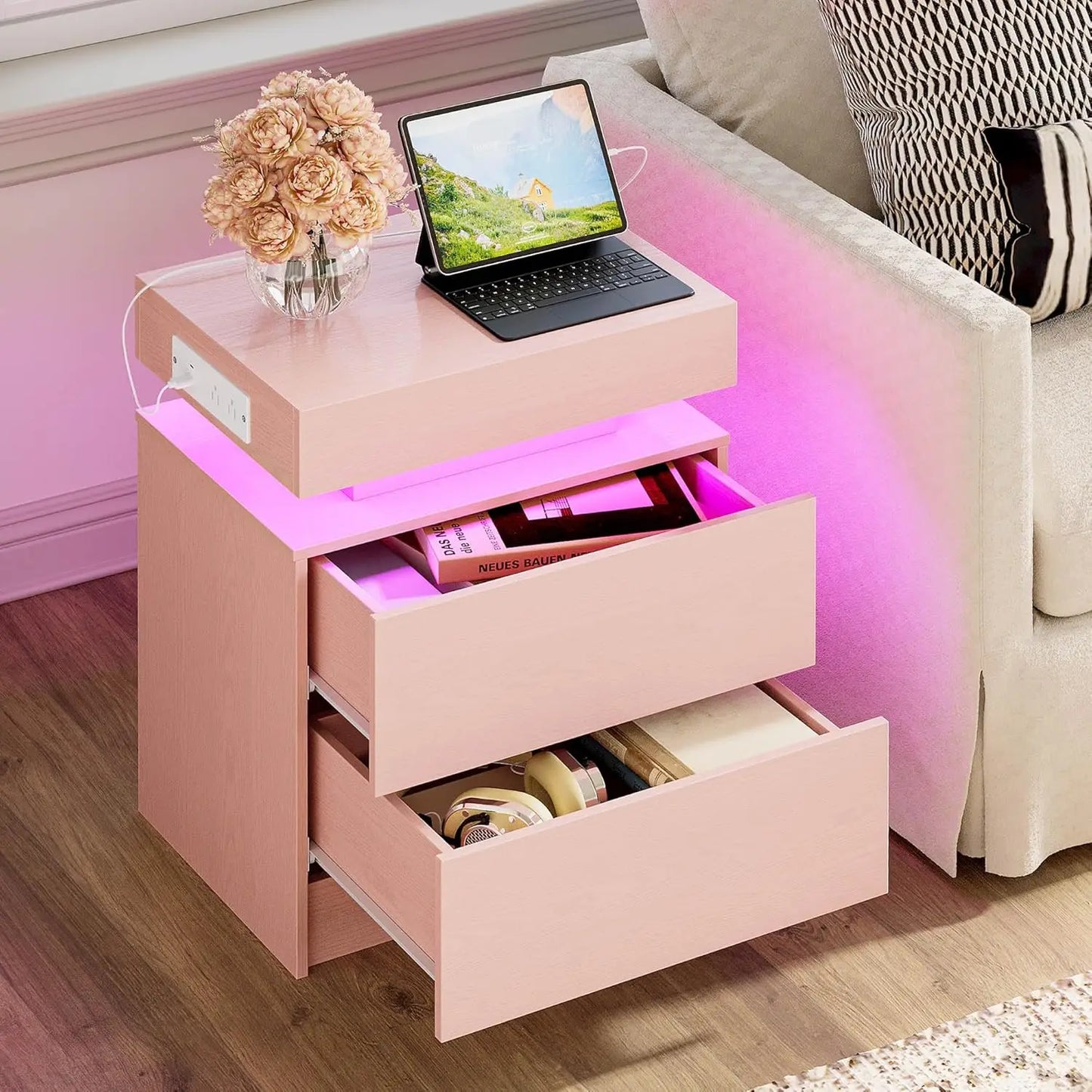 LED Light and Drawers Nightstands Set of 2 or 1, Modern Black Nightstand Charging Station, Bedside Tables End Table for Bedroom