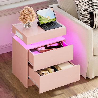LED Light and Drawers Nightstands Set of 2 or 1, Modern Black Nightstand Charging Station, Bedside Tables End Table for Bedroom