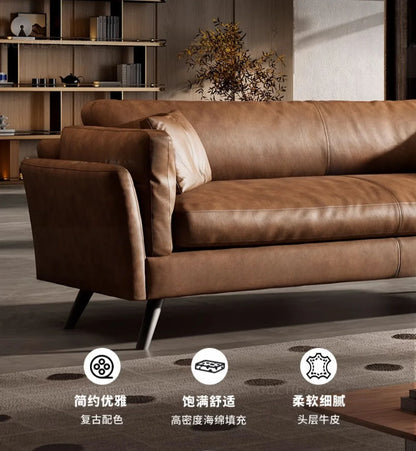 Italian retro first-layer cowhide sofa straight row full aniline leather multi-person medium and ancient style