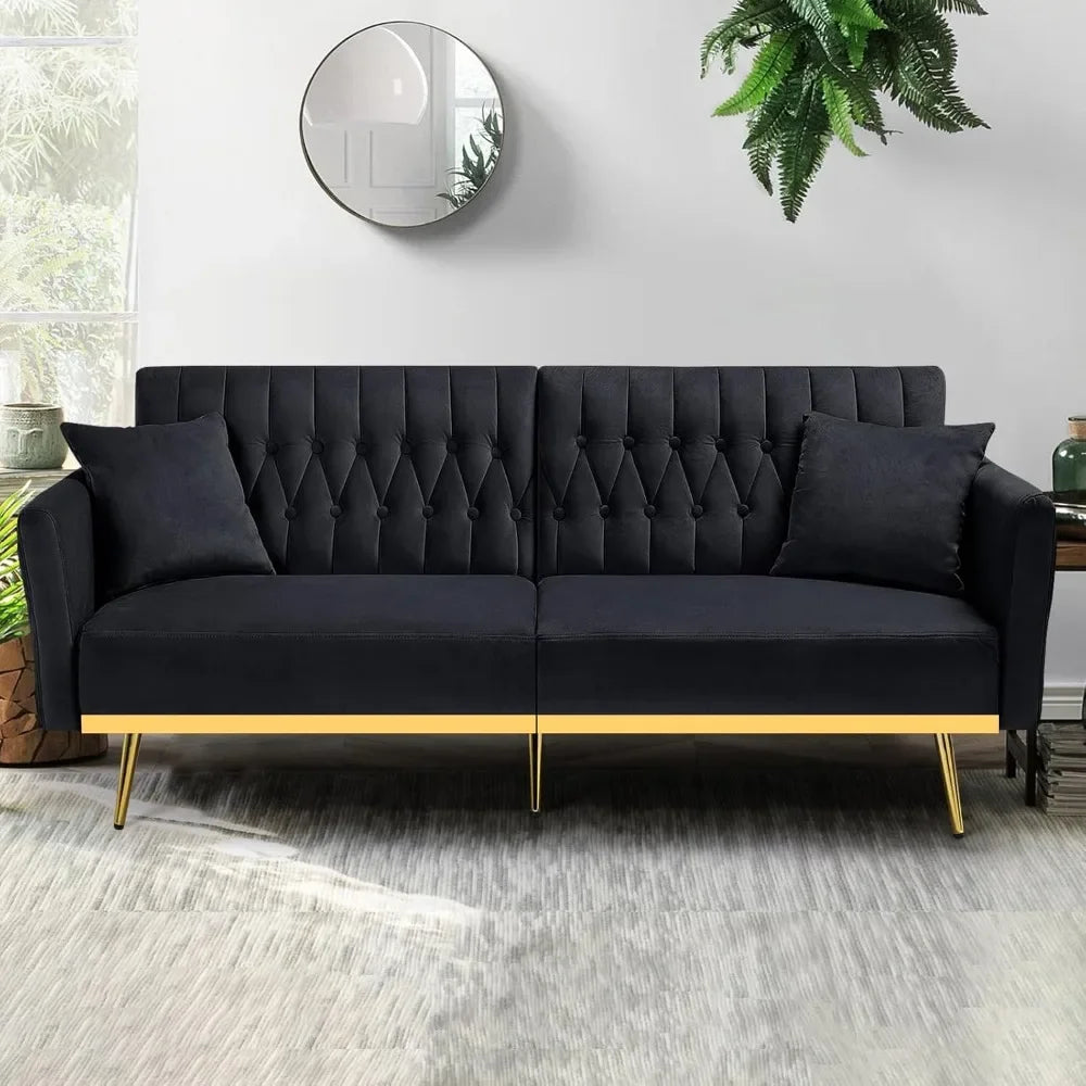 The New-70” Velvet Futon Sofa Bed With 2 Pillows And Adjustable Armrests, Convertible Sleeper Bed W/Adjustable Backrests