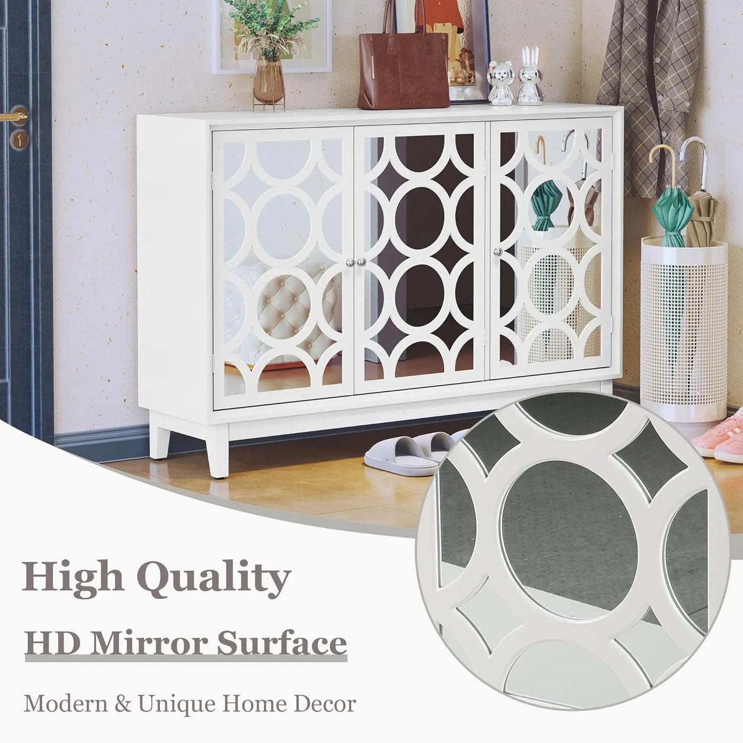 Sideboard Cabinet with 3 Mirror Doors, Accent Storage Cabinet,Modern Buffet with Storage for Living Room, Dining Room, Entryway