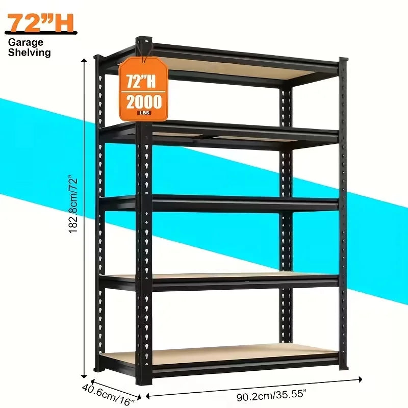 5-Tier Heavy Duty Shelving Unit 2000LBS Capacity - 72"W x 36"D x 16"H Industrial Storage Rack, Matte Black Garage Shelves